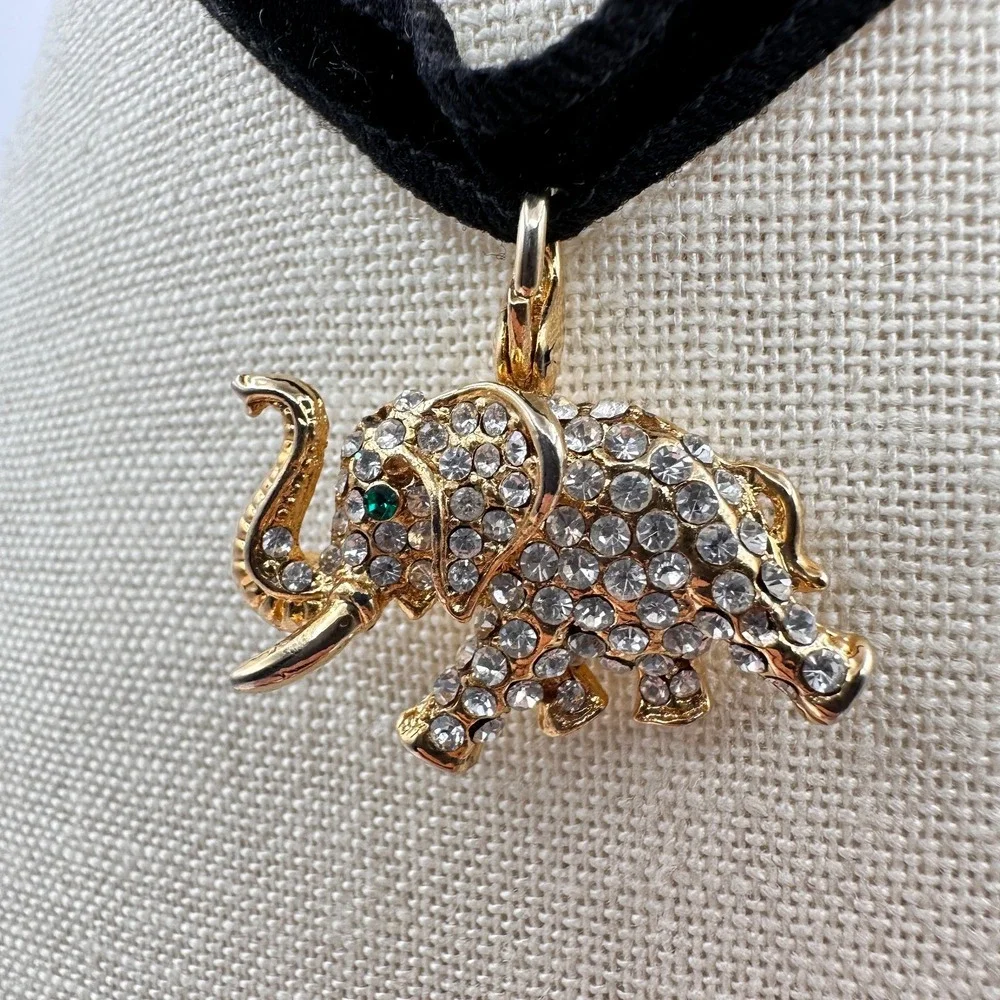 Vintage 90s Gold Tone Elephant Choker Necklace with Clear Glass & Green Eye